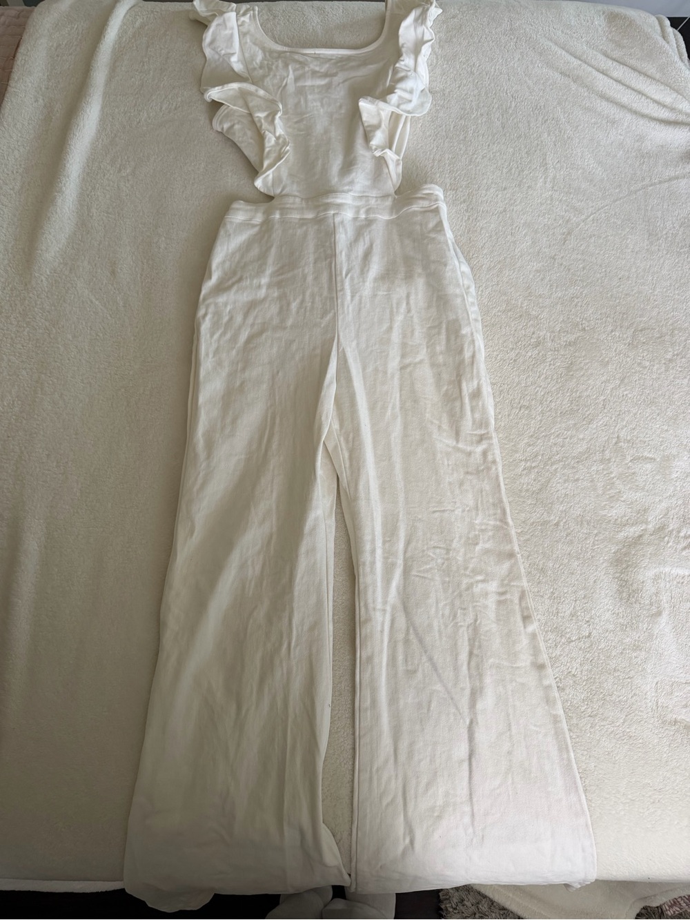 Vici Cream Ruffle Shoulder Wide-Leg Jumpsuit